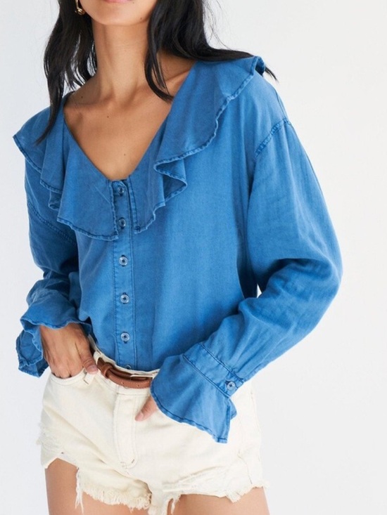 Free People Tops - FREE PEOPLE AMBER RUFFLED LONG SLEEVE BUTTON FRONT TUNIC LARGE BLUE